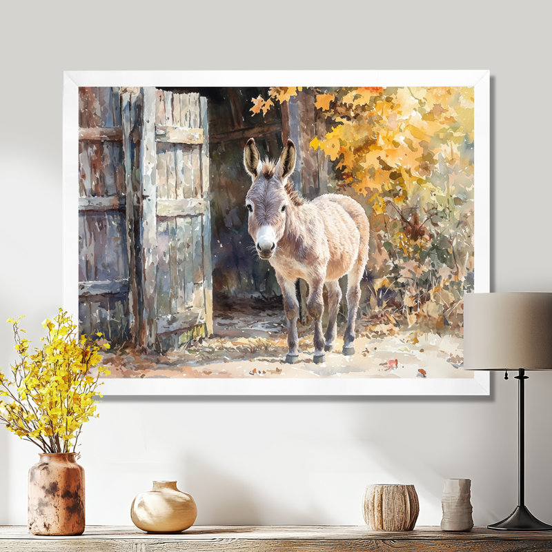 Dunnum Donkey S Path Tot Hye Barn II - âne, art mural, H 34 po x l 44 po, Picture Framed, Blanc