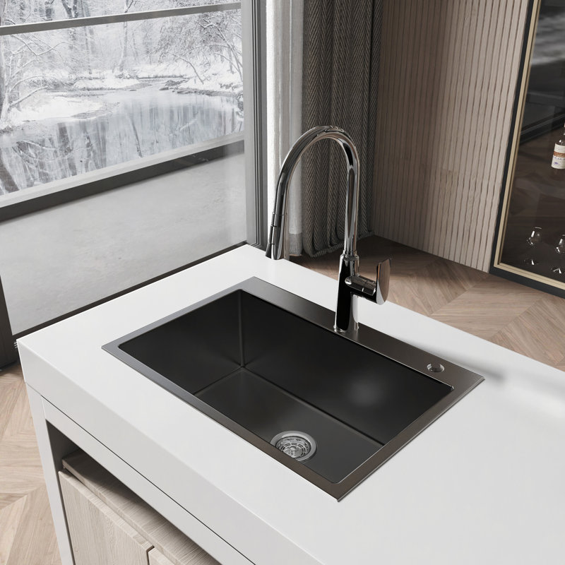 Évier de cuisine en acier inoxydable, lavabo simple sur pied à montage sur le comptoir de 27 po x 19 po, avec drain et crochet standard américain, LS-SSBL01