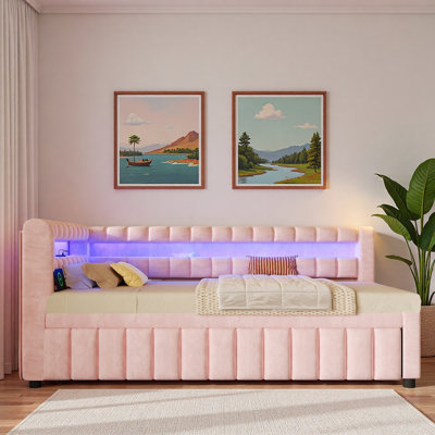 Lit de jour rembourré avec lumières DEL, ports USB et lit gigogne escamotable
