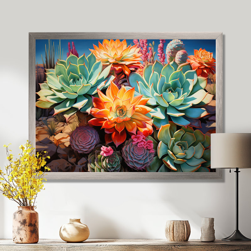 Succulentes vertes, orange, fleurs du désert II, H 16 po x l 32 po x P 1 po, Cadre simple argenté