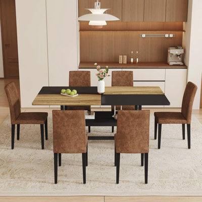 Ensemble de table de salle à manger rectangulaire pour 6 personnes, ensemble de table de salle à manger de style campagnard de 71 po avec 6 chaises rembourrées et tablette de rangement, plateau de table en bois avec structure en métal, fendu noir / bois