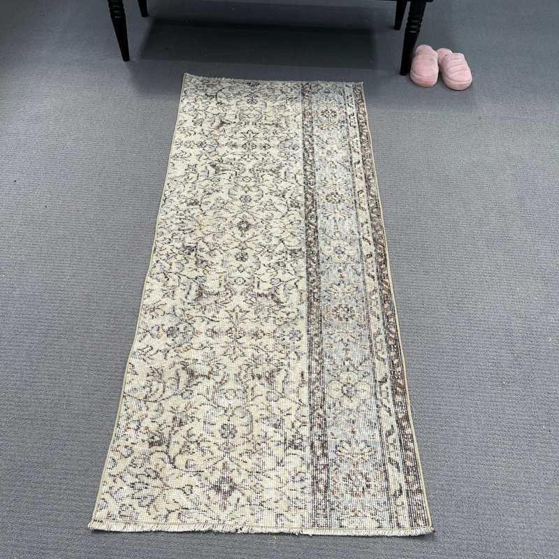 27.2x65.4 Inch Beige Wool Patchwork Rug, Classic Small Rug