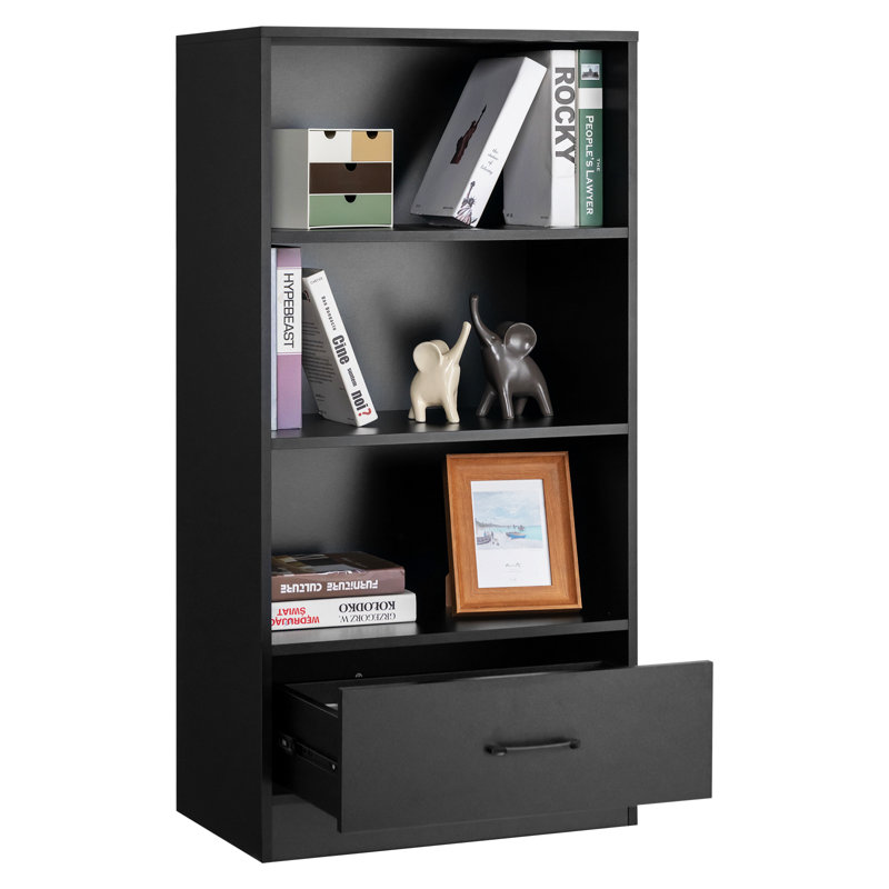 42.5'' H X 24'' W 4-Tier Bookcase w/Storage Drawer, Black