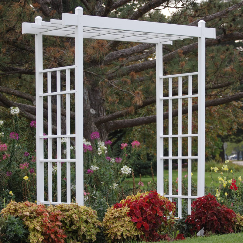 White Vinyl Grid-Style Outdoor Garden Arbor with Anchors