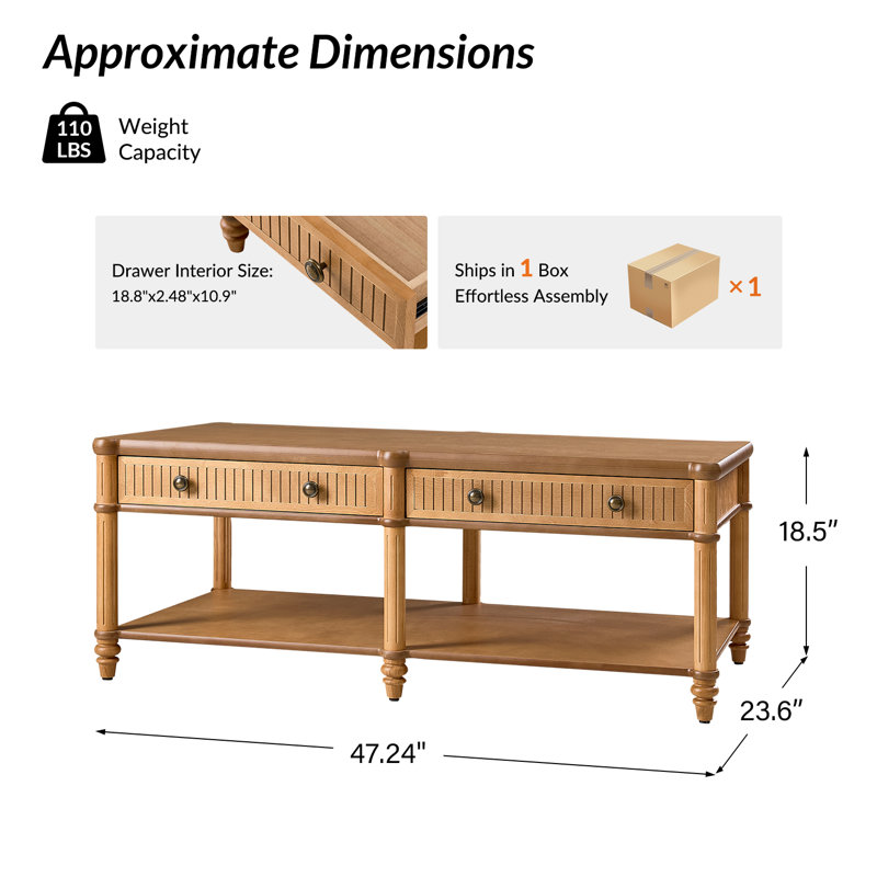 Table basse rectangulaire à cannelures avec rangement en bois massif Hoai Derk, Teck