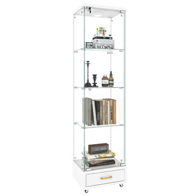 Small Space - Modern White Tempered Glass Bookshelf With Drawer And Led, 4 Shelves For Living Room, 14.4" W × 16.7" D 65.8" H Antique Style Display Cabinet 1 Door Kitchen,