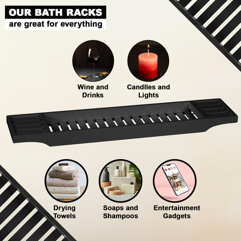 Rawdah Bamboo Bath Caddy Tray Bridge Bath Tray Wooden Bathtub Rack Organizer Storage Bath Table