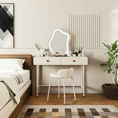 39.37"Cream-Style White Carbon Steel Vanity With a Makeup stool and Mirror