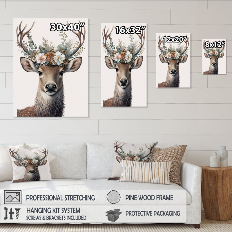 «Cute Baby Caribou with Floral Crown IV», reproduction sur toile flottante, H 20 po x l 12 po x P 1 po, Toile tendue