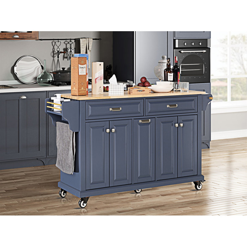 Îlot de cuisine avec plateau en bois massif Cavid, Bleu