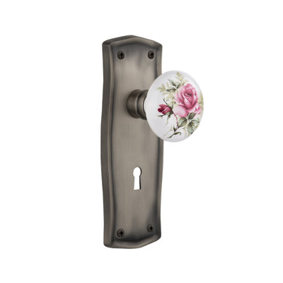 Bouton de porte de mortaise intérieure en porcelaine blanc rose avec plaque longue Prairie