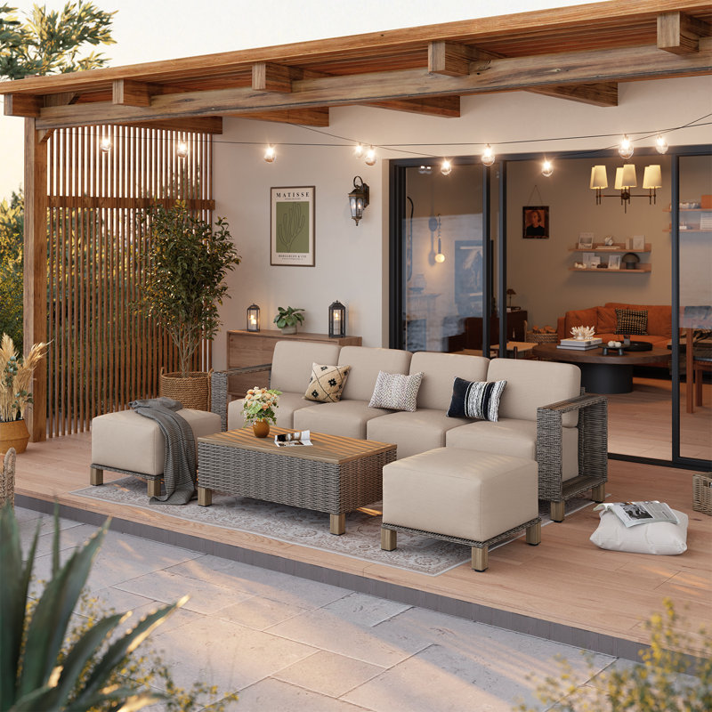 Canapé modulaire d'extérieur pour terrasse 7 pièces avec coussin de 10 po et osier amélioré, Beige