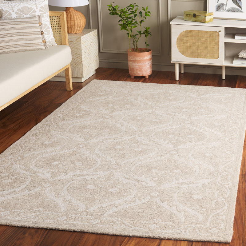Antoiniece Tufted Wool/Cotton Damask Rug in Beige/Ivory, Rectangle 5' x 8'