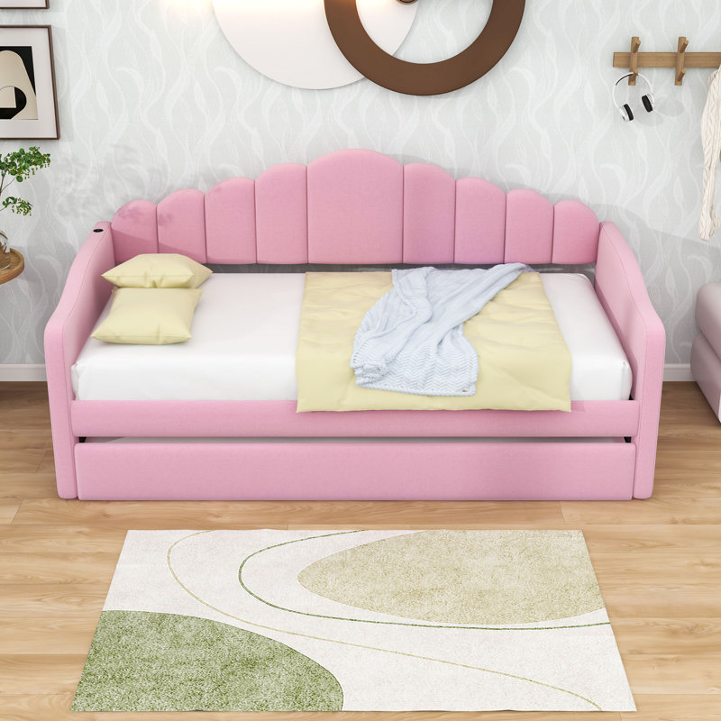 Lit de jour simple en velours avec couchette simple et ports de charge USB, Rose