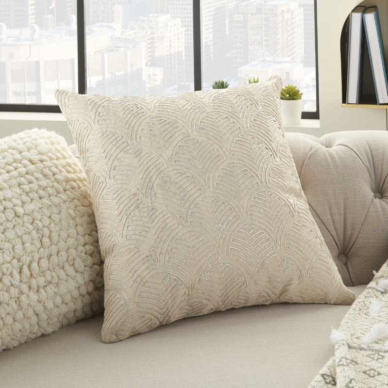 Ivory and Silver Embroidered Cotton Square Throw Pillow