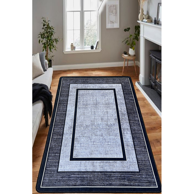 Antibacterial Washable Carpet, 4.0 x 5.3 Feet, Black, Navy Blue & White | 100% Polyester, 0.4 in Pile Height, Non-Slip Underside | Machine Washable, Easy Care, Perfect for Living Room & Bedroom Décor