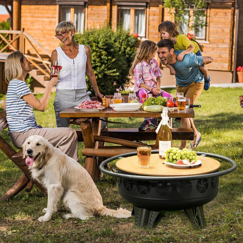 32" Black Steel Wood Burning Fire Pit Table with Grill & Lid