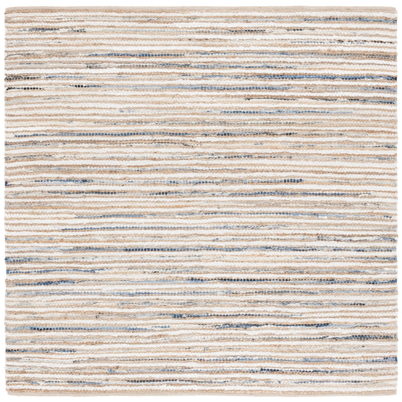 Abott Woven Jute/Canvas/Cotton Rug in Beige/Natural/Light Blue, Square 6'