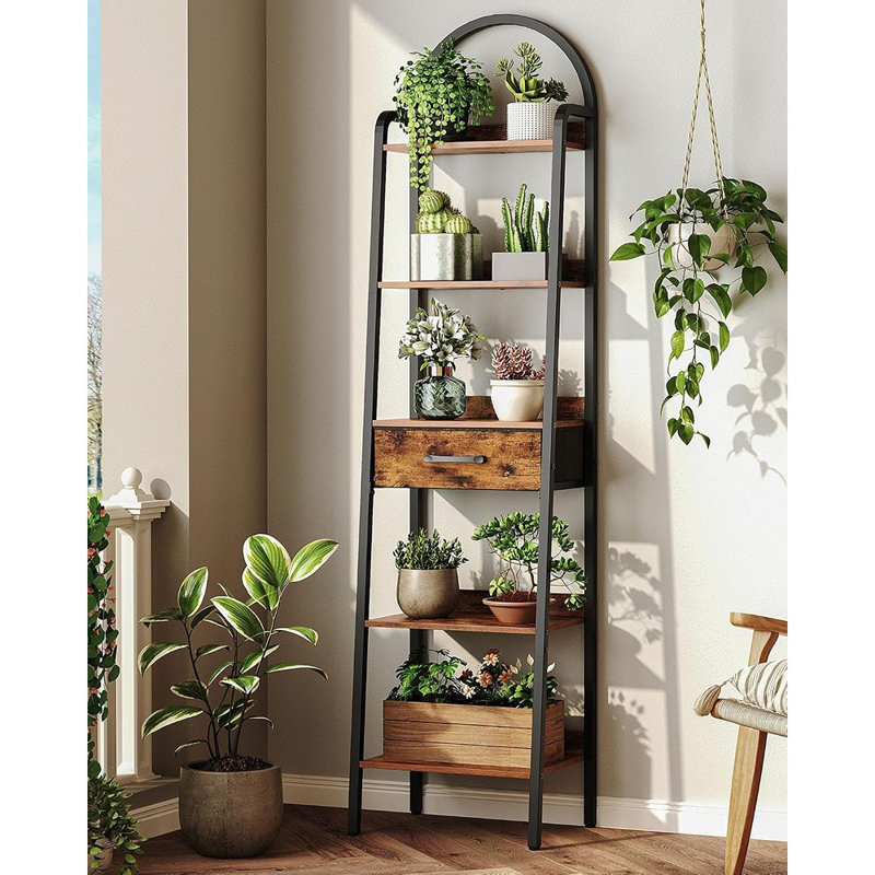 Rustic Brown Ladder Bookshelf with Storage Drawer and Metal Frame