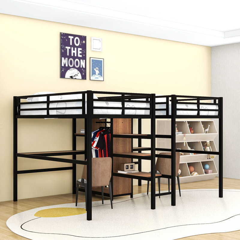 Twin & Twin Metal Loft Bed With Double Desk, Wardrobe, Shelves, Charging Station And Guardrails, Woodgrain