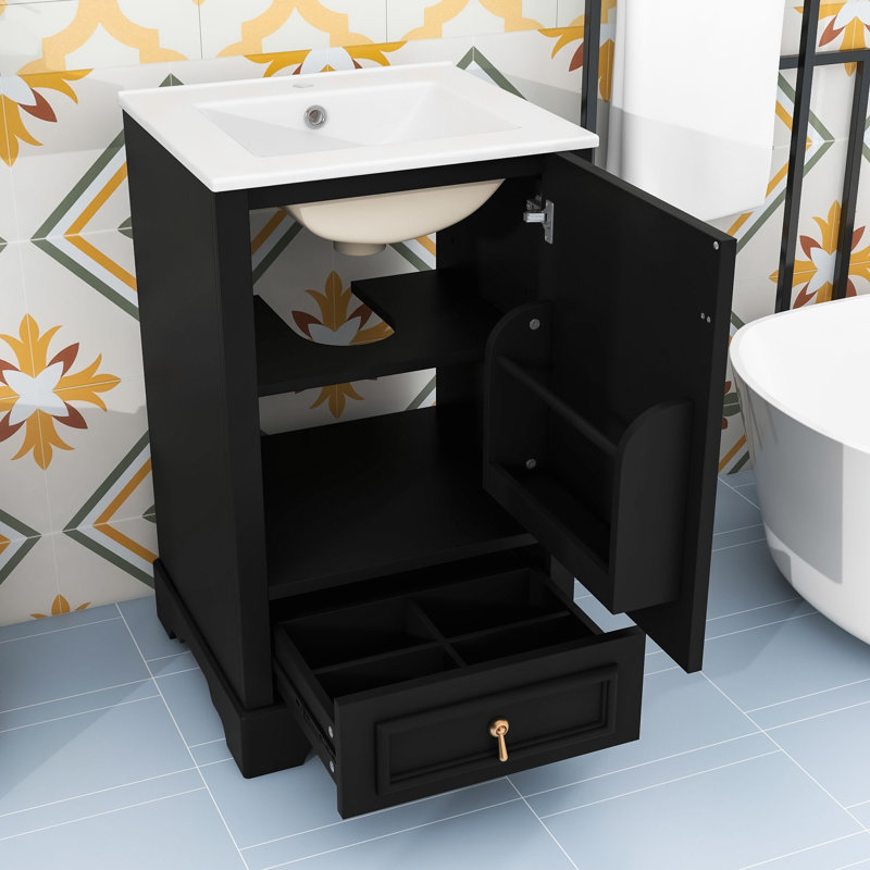 Meuble-lavabo de salle de bain avec lavabo, support de porte, tiroir et tablette réglable, Noir et or