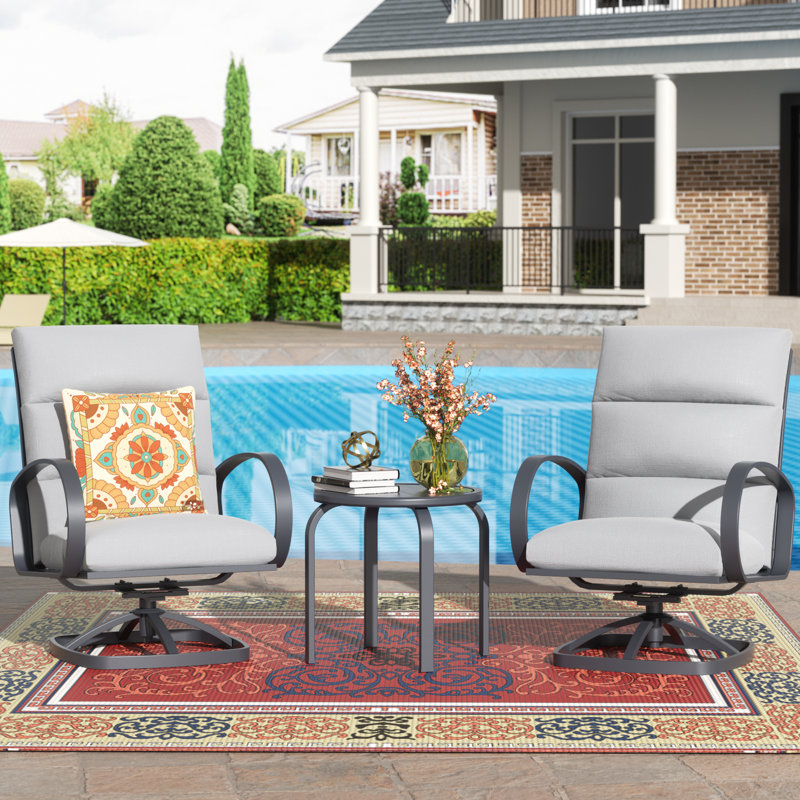  3 Piece Modern Outdoor Conversation Sets, Swivel Rocking Chair with 5" Olefin Cushions, Gray Cushion/Gray Frame