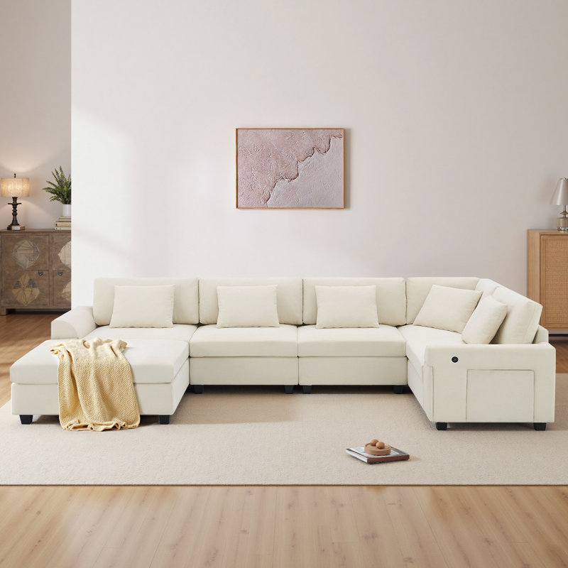 Canapé modulaire en U pour salon, canapé 6 places avec repose-pieds, rangement caché pour accoudoirs et porte-gobelets, ports de chargement USB