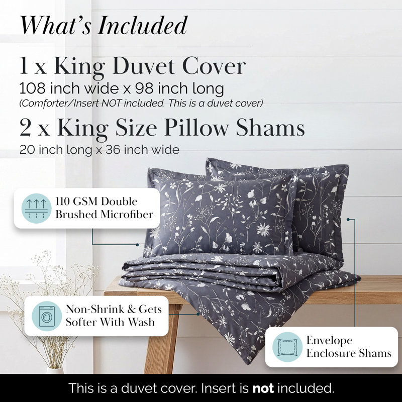 Secret Meadow Microfiber Reversible Duvet Cover Set, Dark Blue Floral 1, King Duvet Cover + 2 King Shams
