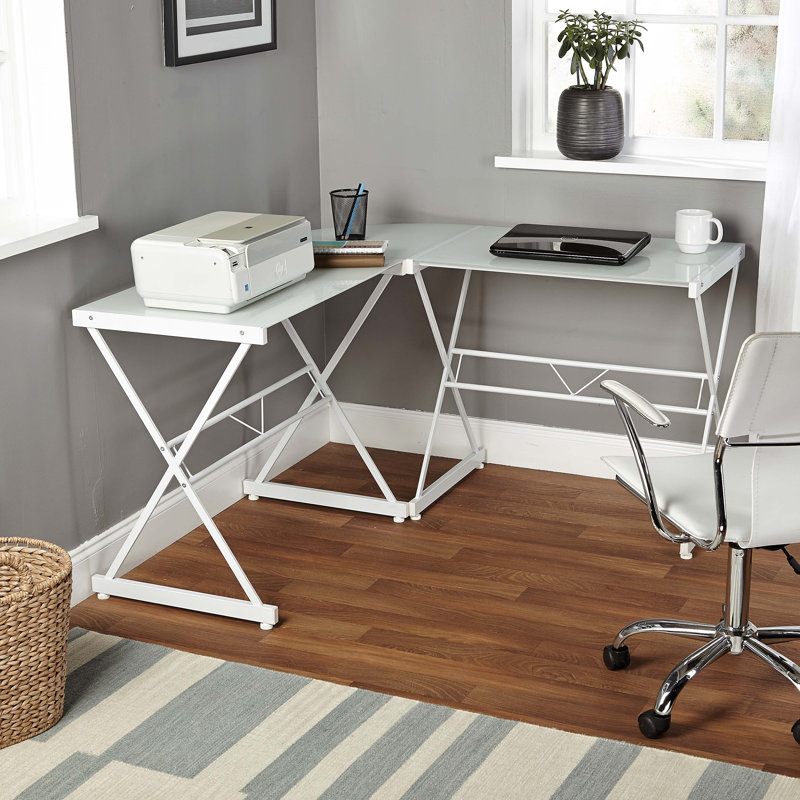 Rikwin Glass L-Shape Desk, Frosted White Glass/White