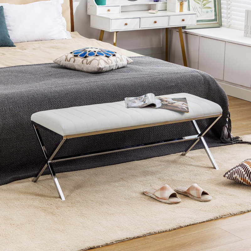 Upholstered Bench, White/Silver