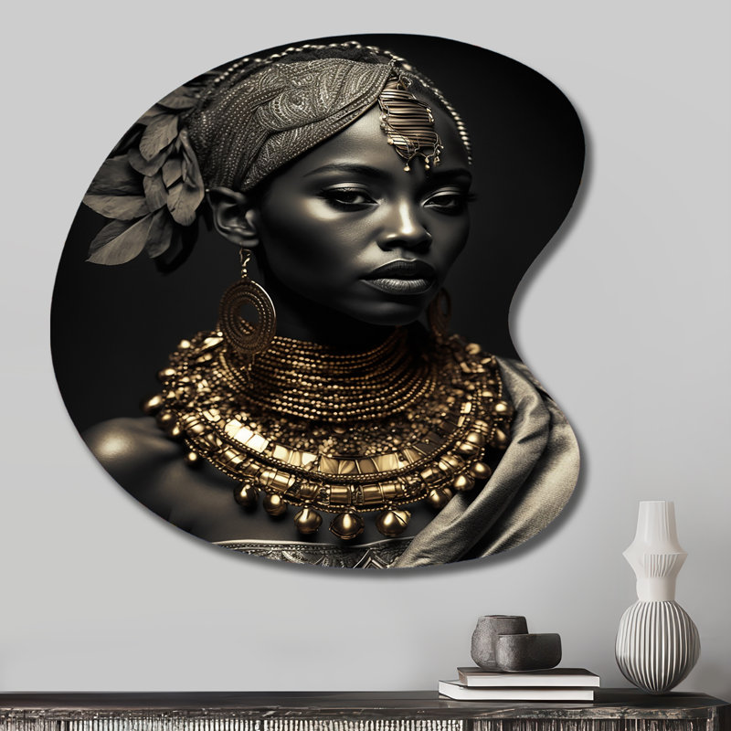 African American Queen With Traditional Jewelry VI - African American Woman Asymetrical Drop Shape, 27" H x 27" W x 1" D
