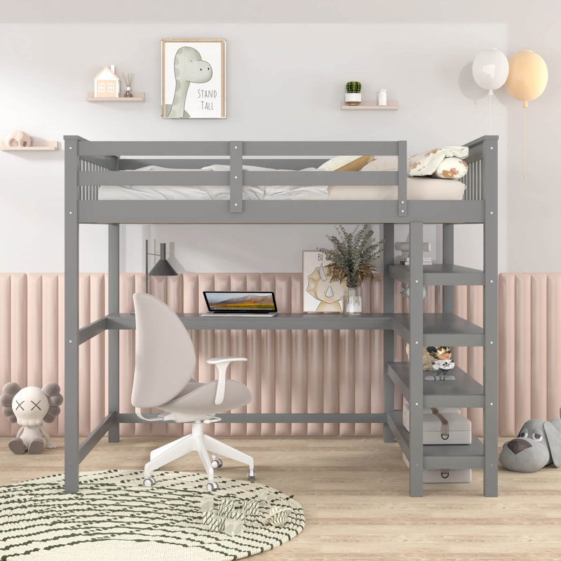Fadia Full Solid Wood Loft Bed with Bookcase by Harriet Bee, Gray