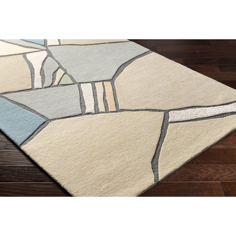 Tapis abstrait en laine touffeté à la main gris / beige / bleu, Rectangle 2 pi x 3 pi