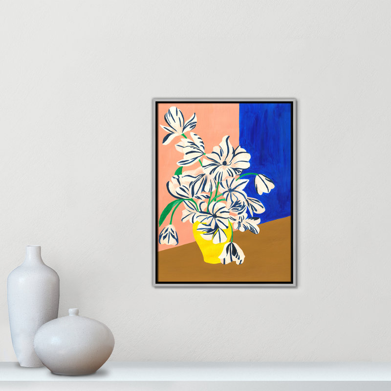 «Stripey Flowers Print» par Violets Print House, 19.5'' W x 25.5'' H, Framed Canvas, Silver Floater