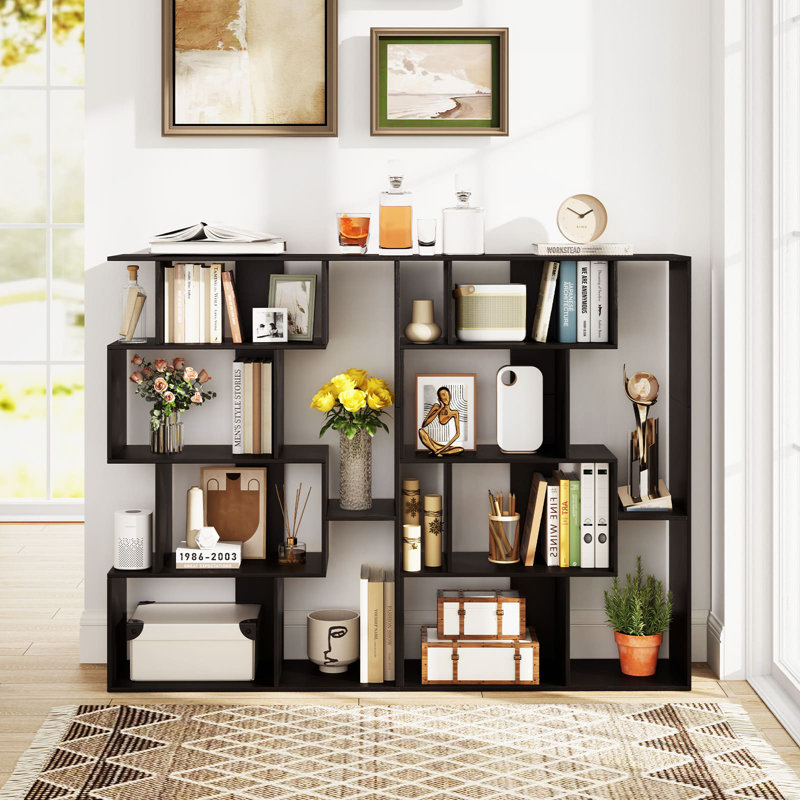 Open-Back Geometric Bookshelf Home 6-Cube Large Bookcase, Black