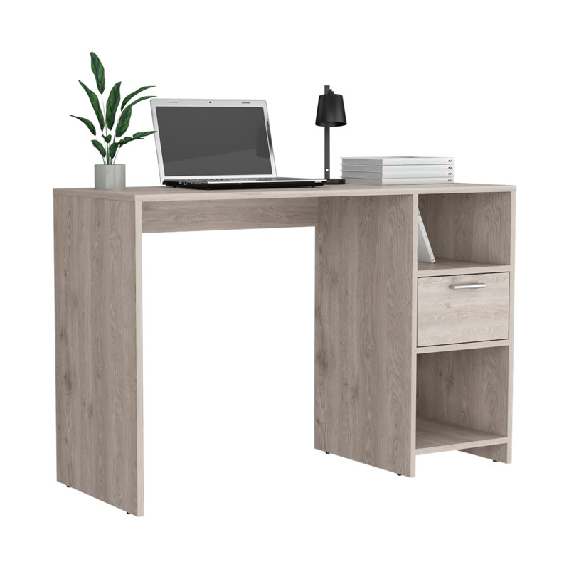 Bureau d'ordinateur avec 1 tiroir et 2 tablettes de rangement ouvertes, gris clair