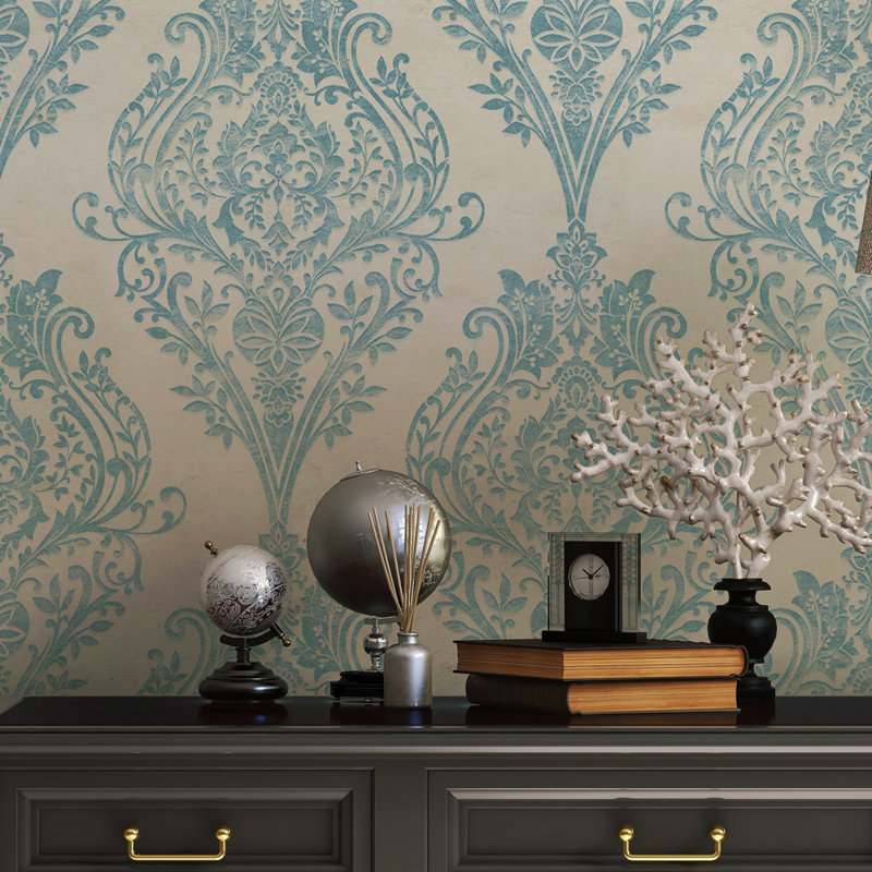 Kwon Damask Metallic Wallpaper Double Roll, Coastal Blue