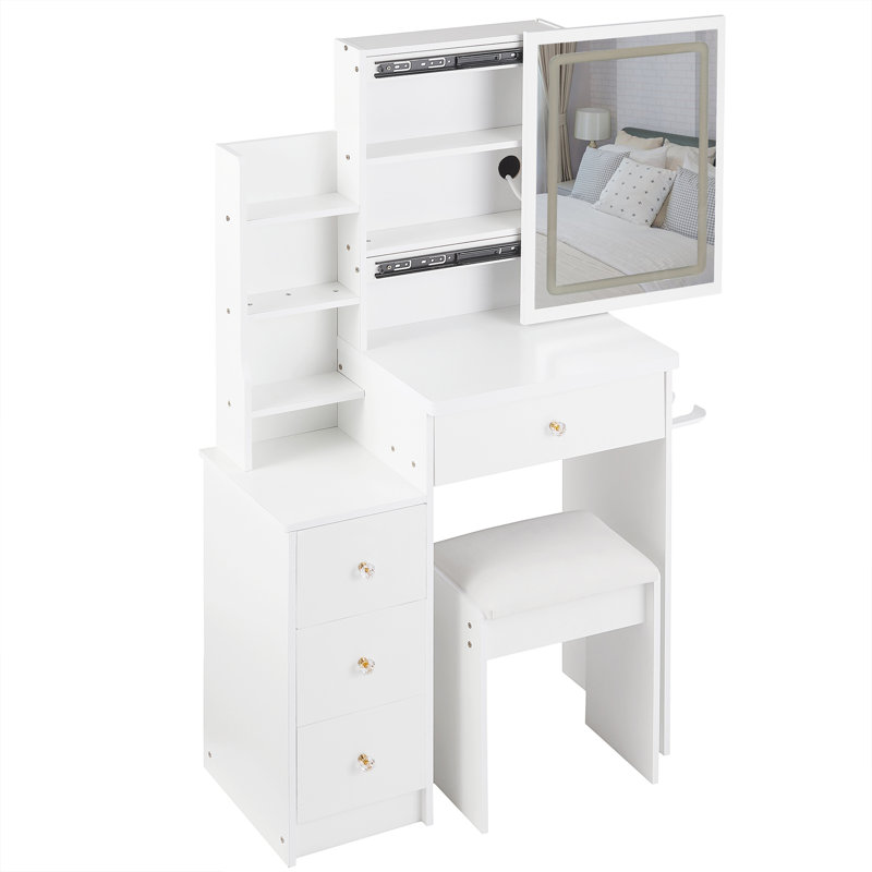 29.2" Small Size Left Bedside Cabinet Vanity Table + Cushioned Stool, 2 AC+2 USB Power Station, Hair dryer bracket, Extra Large Touch Control Sliding LED Mirror, Tri-color Switching, Brightness Adjust
