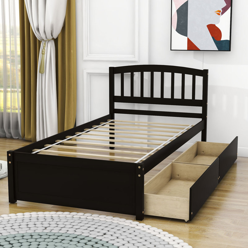 Dishad Twin Size 2 Drawers Wood Platform Bed with Headboard, Espresso