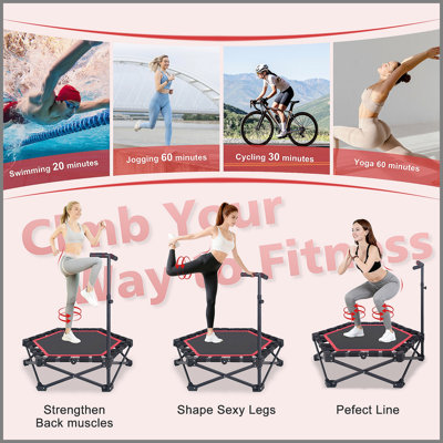 Mini trampoline pliable de 107 cm (42 po), pliage et dépliage en une seule étape, trampoline de rebond pour adultes, charge maximale de 150 kg (330 lb), barre en T réglable sur 3 niveaux, entraînement intérieur et extérieur, rouge