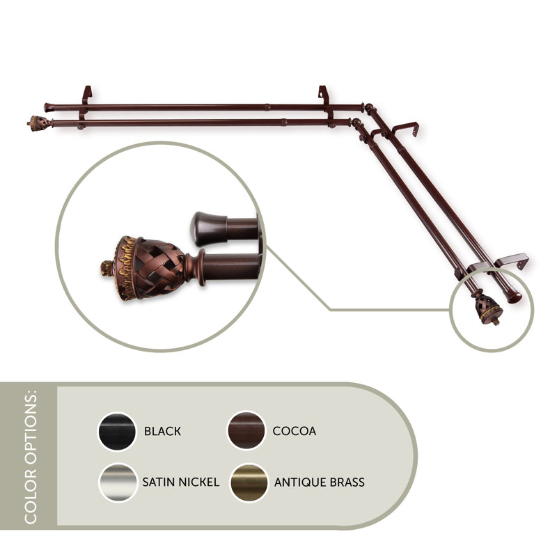 Ensemble de tringle à rideaux double et quincaillerie pour fenêtre en coin, H 66 po x l 120 po, Cacao