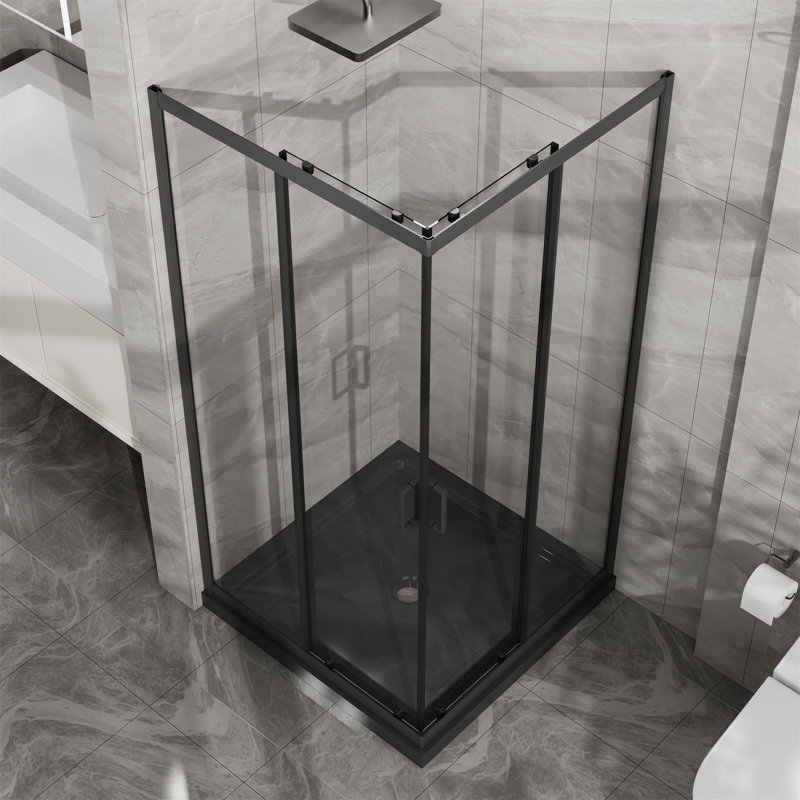 Corner Shower Enclosure 36 In.D X 36 In. W X 72 In. H, Sliding Shower Door With Black Shower Base, Shower Stall With 1/4 In Clear Tempered Glass, Easy Clean