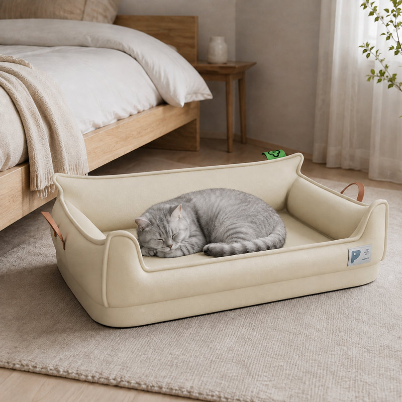 Canapé-lit pour animaux de compagnie avec housse amovible Leathaire, 19,7 x 15,8 x 7,9 pouces, Beige