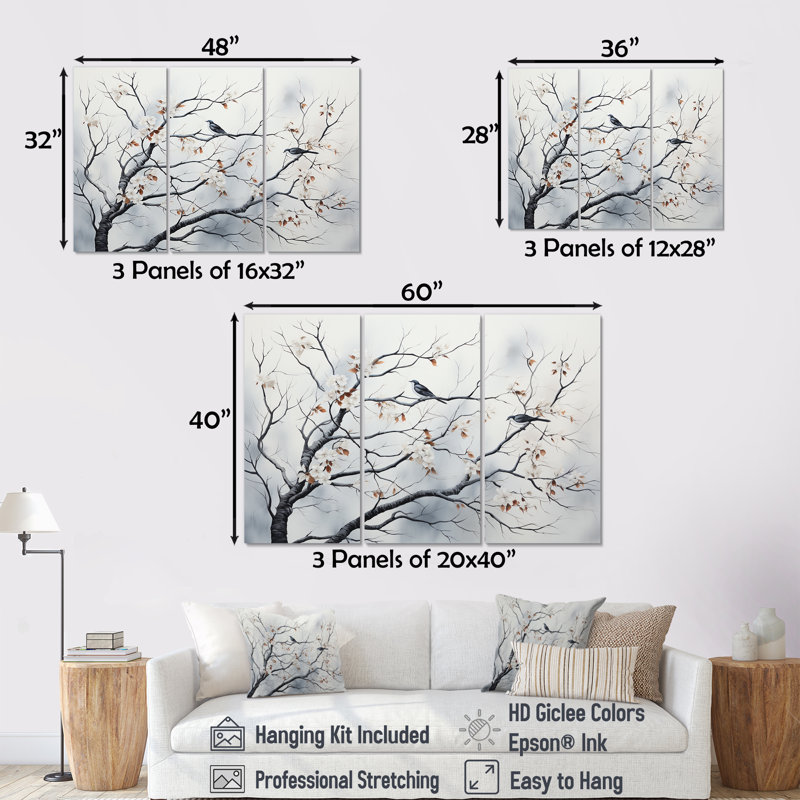 Gris gris, printemps, arbres, oiseaux, art mural, Toile tendue, H 40 po x l 61 po x P 1 po