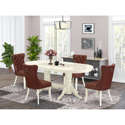 Cet ensemble de salle à manger 5 pièces comprend une table de salle à manger ovale avec rallonge amovible et 4 chaises rembourrées