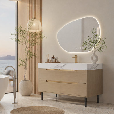 35.4" Modern Bathroom Vanity with Undermount Sink, Sintered Stone Top, Waterproof Multi-layer Solid Wood, 4 Drawers Storage, Free-standing/Wall-Mounted