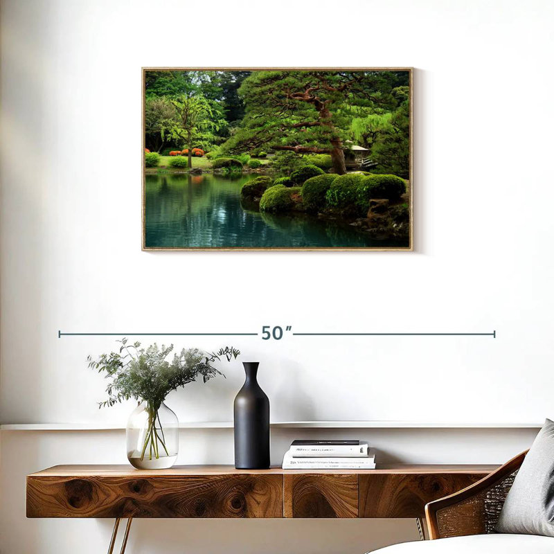 Bonsaï zen au bord du lac, 31 po x 21 po, Cadre flottant en bois naturel
