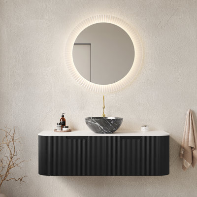 48" Wall - Mounted Bathroom Vanity With Sink And 2 Drawers, Black Bowl Ceramic Basin, Plywood, Dark Walnut Colour Pattern Sink, Floating Design, High Strength Soft Close System