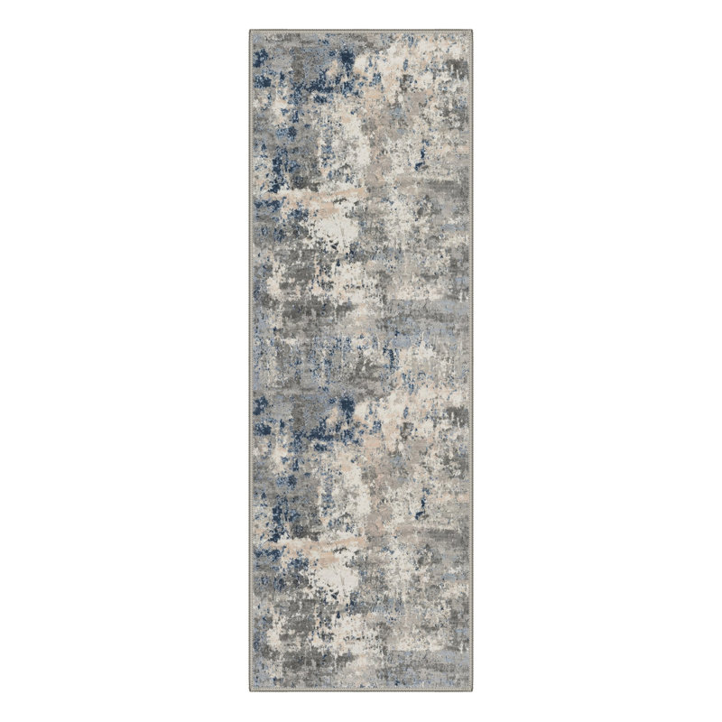 Aastha Modern Abstract Machine Washable Navy Blue/Charcoal Grey/Beige Indoor Area Rug with Non-Slip Backing, Runner 2'6" x 8'