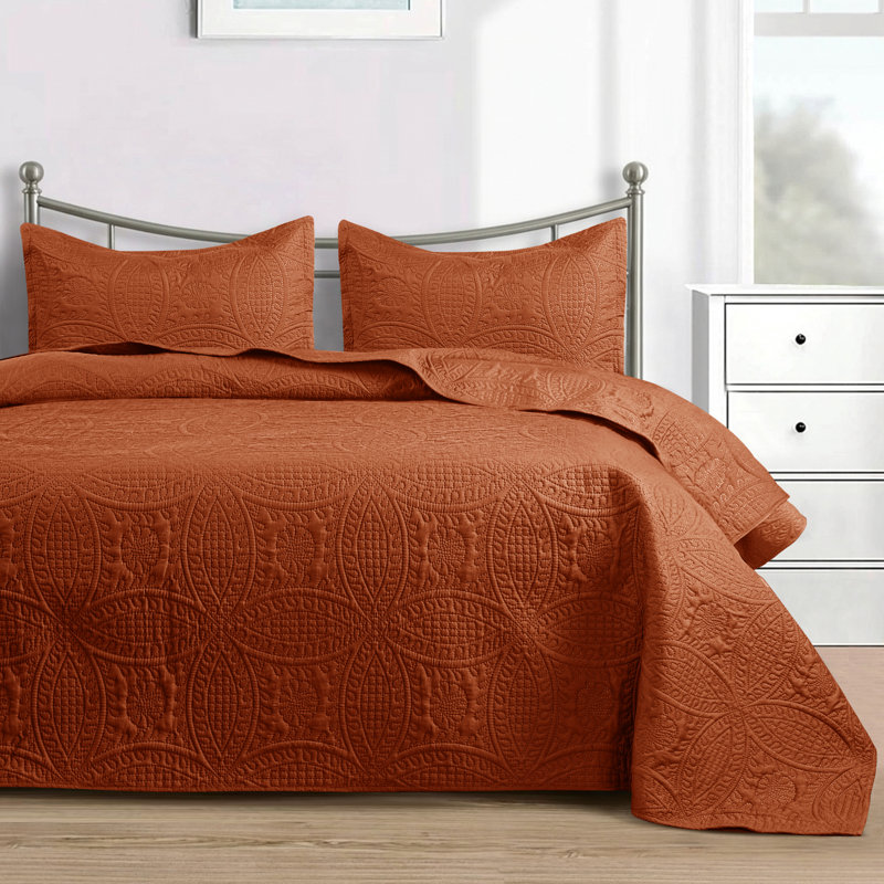 3 Piece Bedspread Set - Reversible Quilt Set - Lightweight Microfiber Coverlet for Queen King Twin, Rust